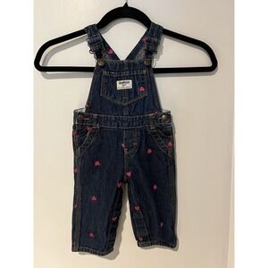 OSHKOSH B'GOSH Vestbak Embroidered Overalls Sz 9 mos Cotton Denim Pink Heart